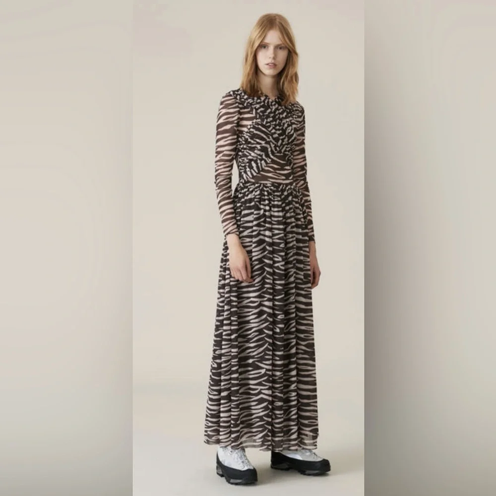 GANNI Tilden Mesh Zebra Print Maxi Dress Size 36 - Picture 8 of 10